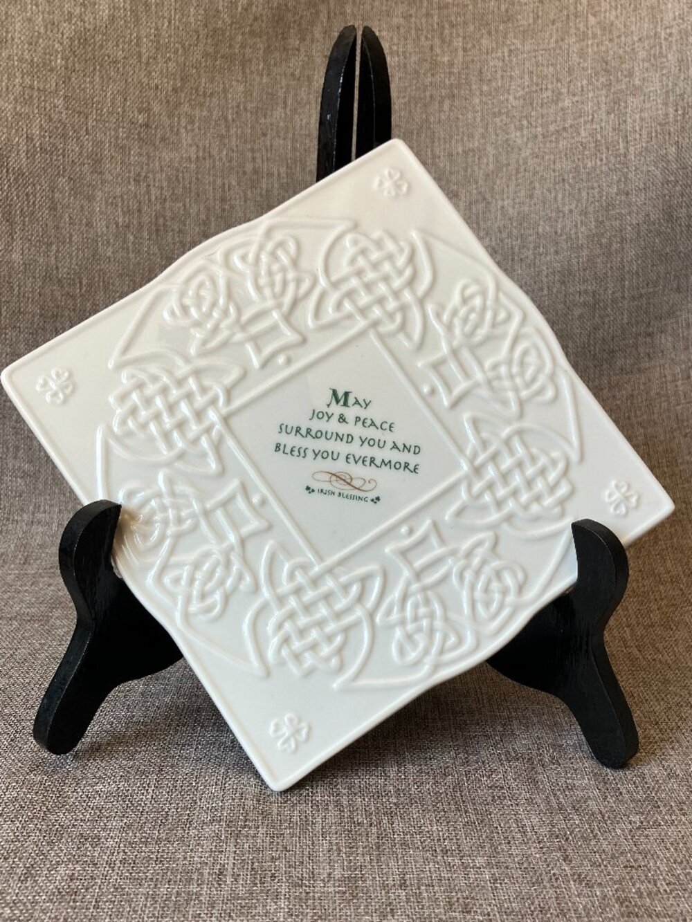 Celtic Knot Irish Blessing Ceramic Cream Diamond Shaped Hangable Tile 6.25"
